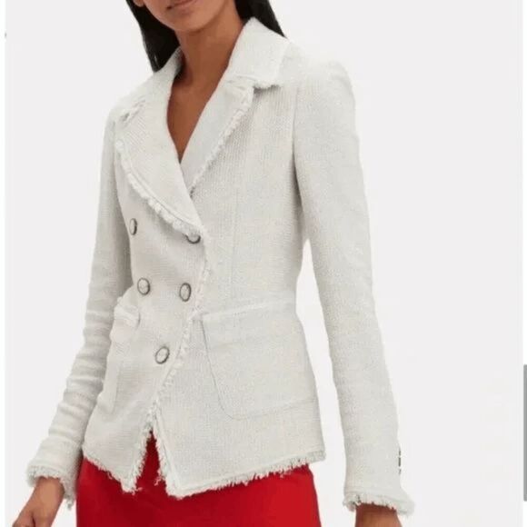 Veronica Beard Carroll Tweed Blazer Jacket Size 0 White Silver Fringe Trim - Picture 9 of 12